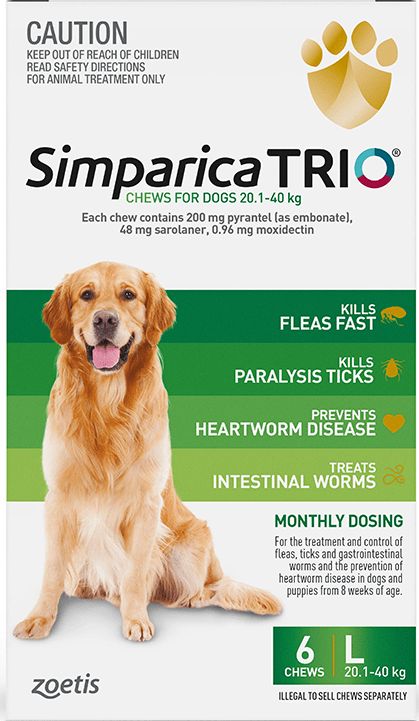 Simparica TRIO For Large Dogs 44 88 Lbs GREEN 3 Tablets 60 